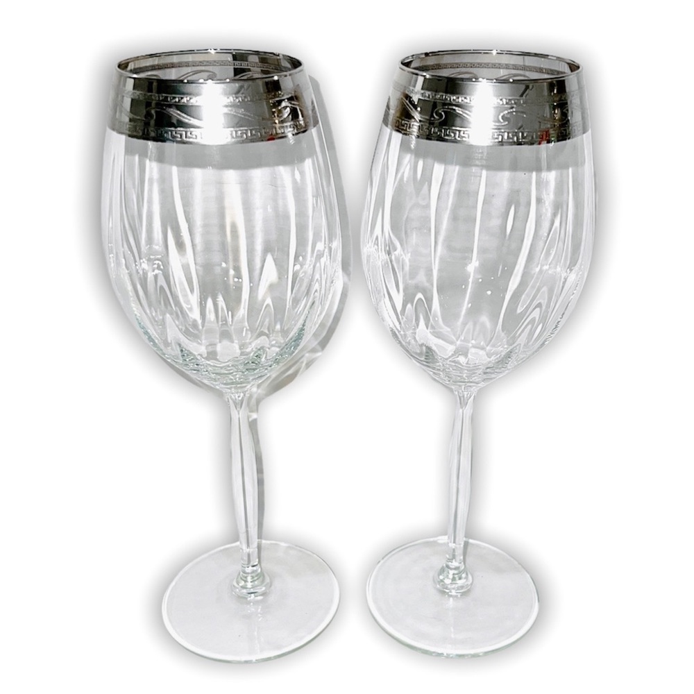 Vintage Italian Crystal Wine Glasses Versace Style Greek Key Silver Rim